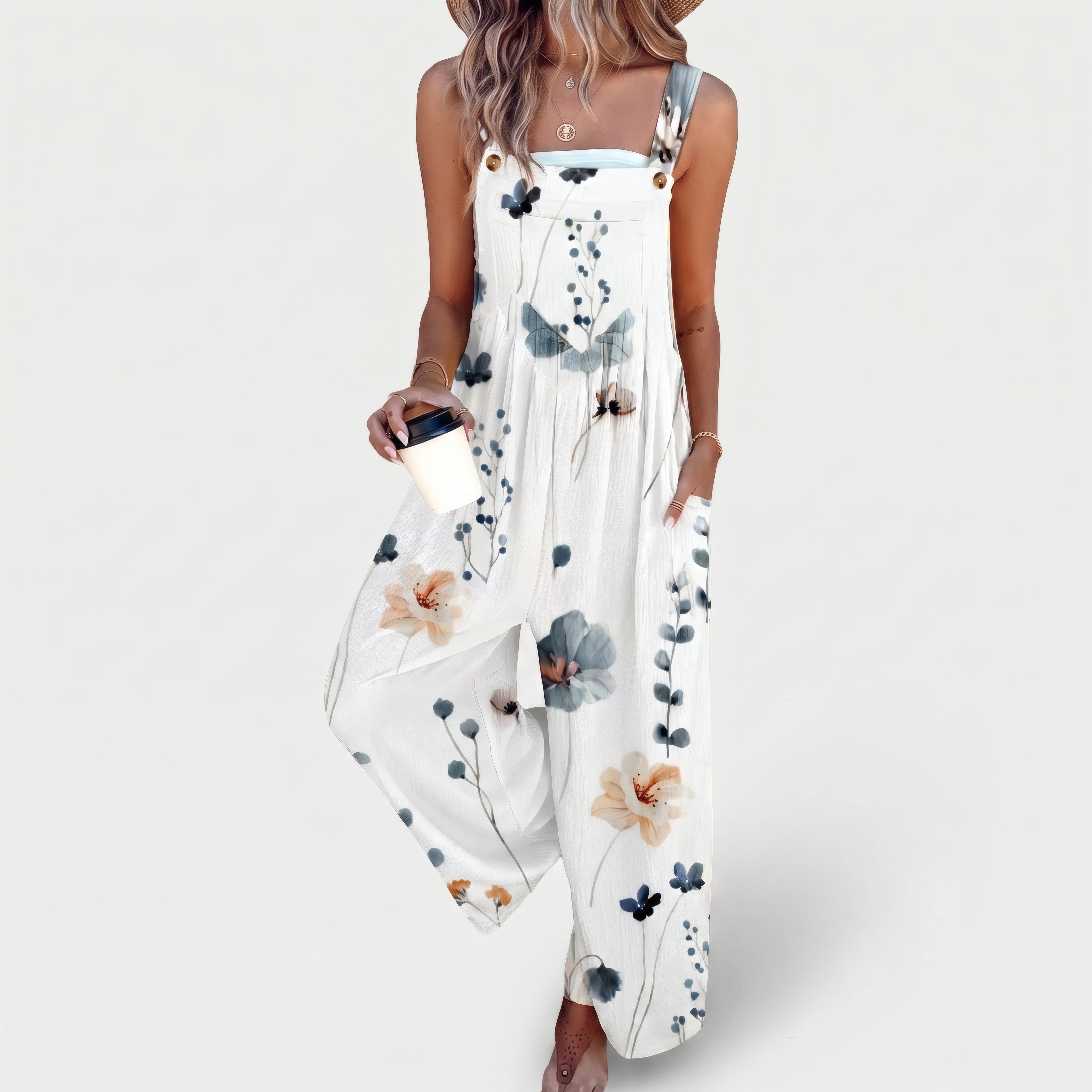Rochelle | Women's White Wildflower Overalls