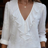 Cecile | Ruffled V-Neck Blouse with Floral Embroidery