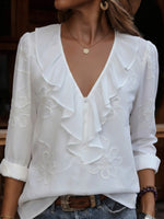 Cecile | Ruffled V-Neck Blouse with Floral Embroidery