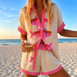 Adelina | Fish Print Shirt and Shorts Set with Contrast Piping