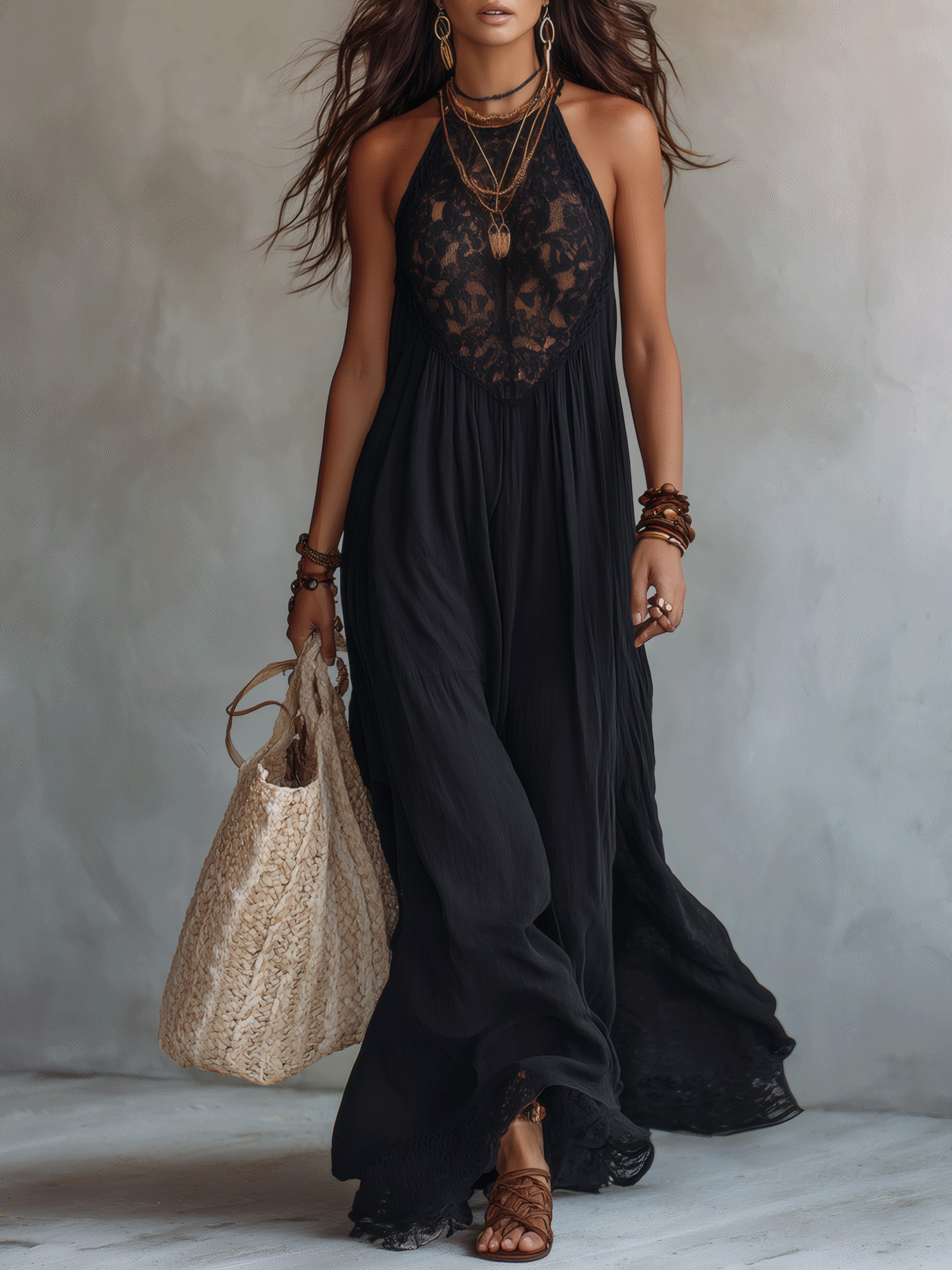 Elegant Bohemian Sleeveless Soft Drape Statement Evening Maxi Dress Black, photo studio