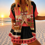 Cadence | Tarot Print Shirt and Shorts Set with a Rose Border