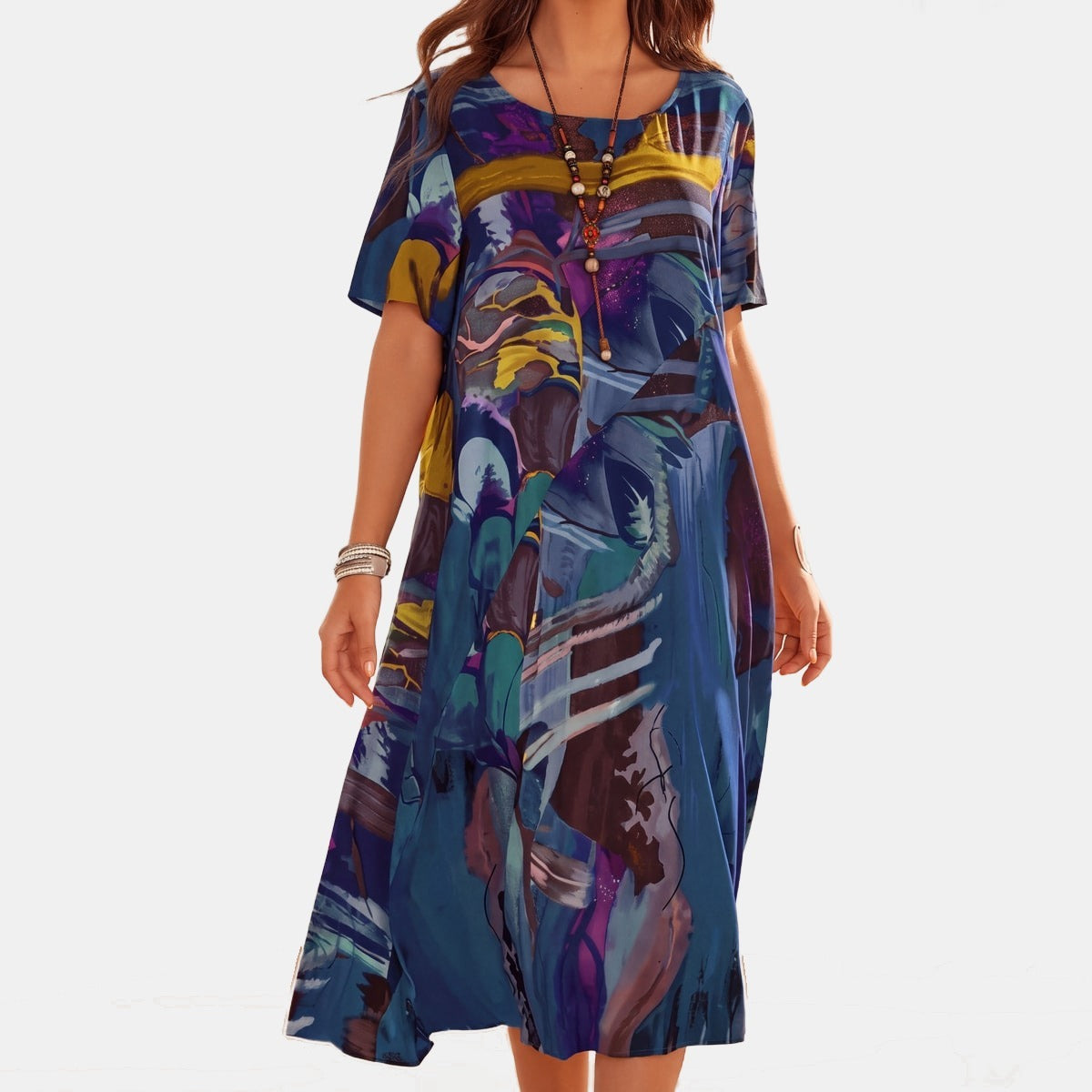 Briony | Flowy Tropical Print Dress Blue, photo studio