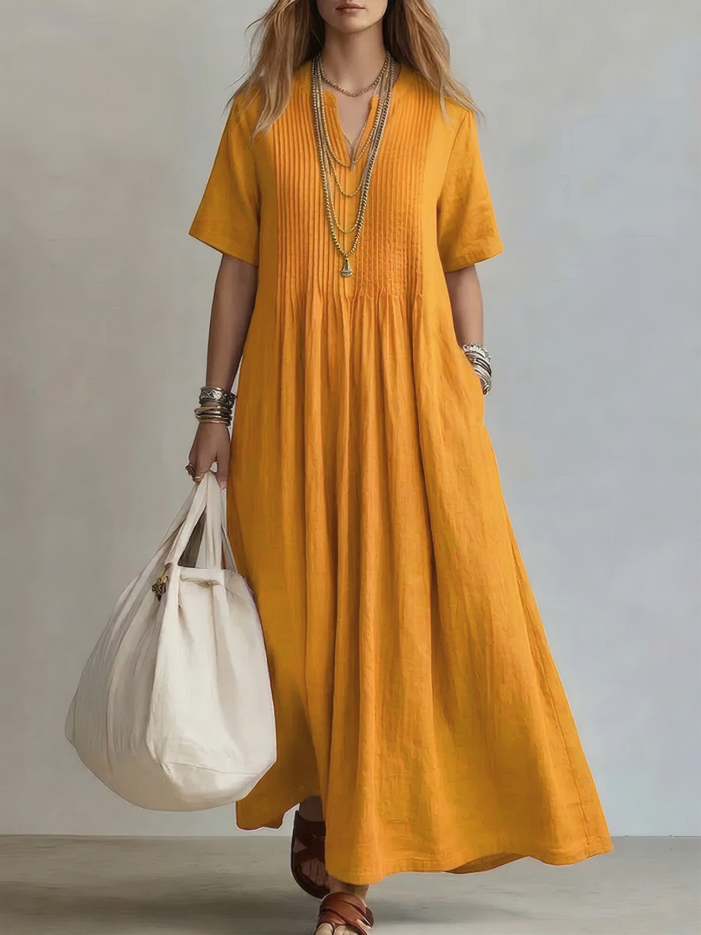Davina | Elegant V-Neck Dress Yellow, photo studio