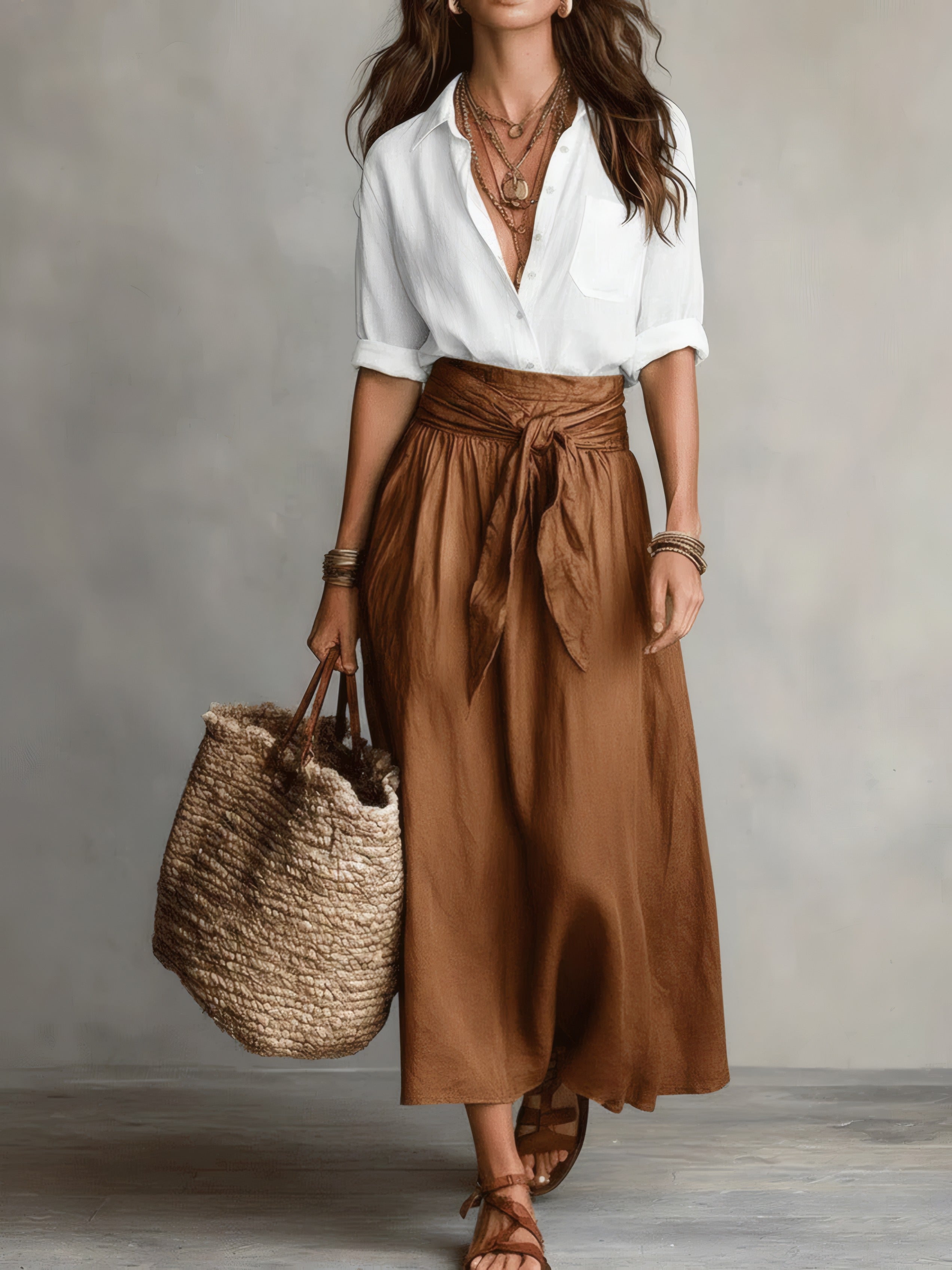 Camilla | Tie-Waist Midi Set Brown, photo studio