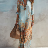 Baroque Style Floral Blue Chiffon Maxi Dress