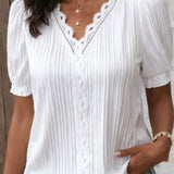 Cristina | White Blouse with Crochet V-Neck and Ruffled Cuffs