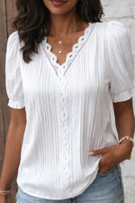 Cristina | White Blouse with Crochet V-Neck and Ruffled Cuffs