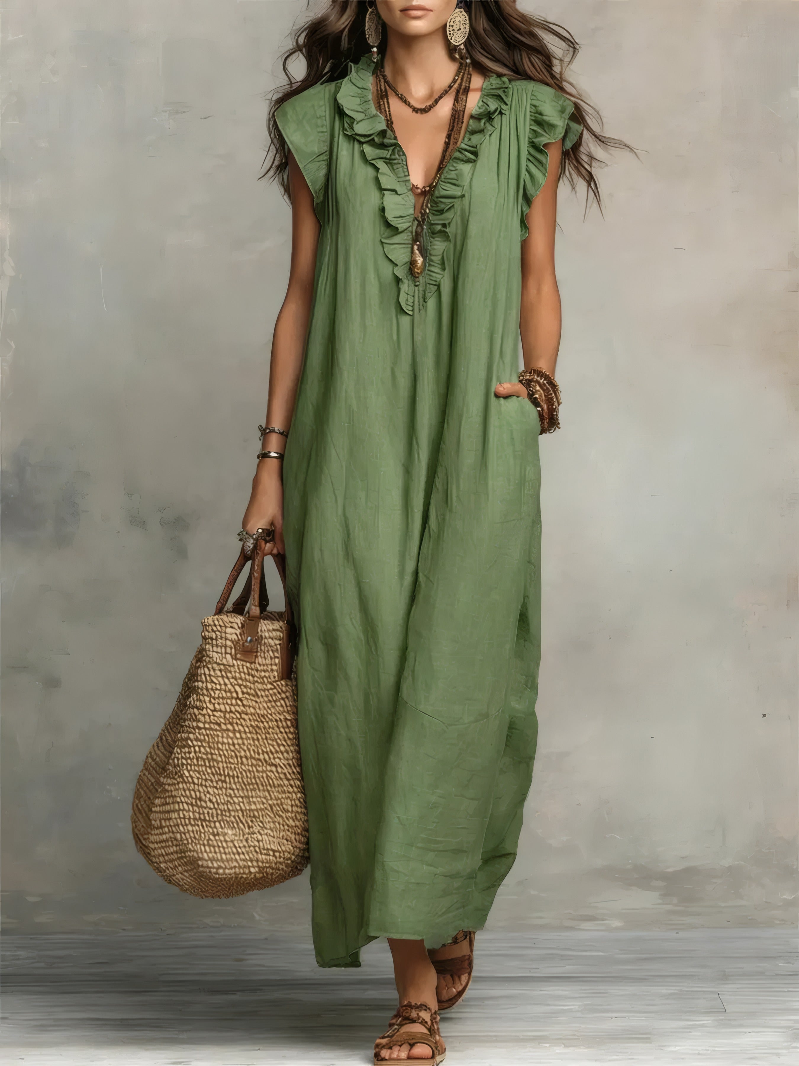 Zoey | Long Bohemian Dress Green, photo studio