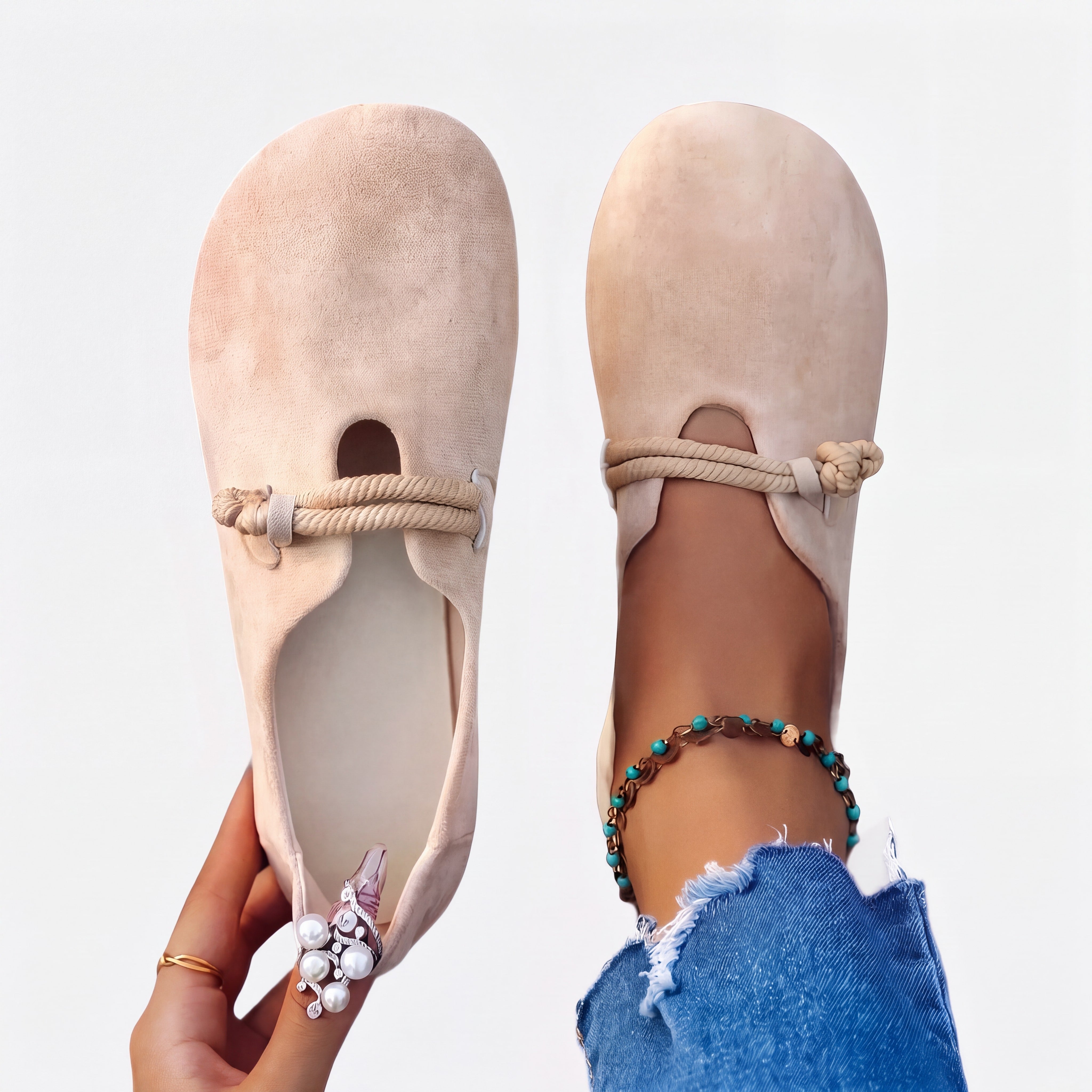 Nadine | Orthopaedic Flats with a Knotted Cord Detail Beige, photo studio