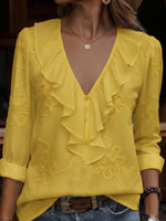 Cecile | Ruffled V-Neck Blouse with Floral Embroidery