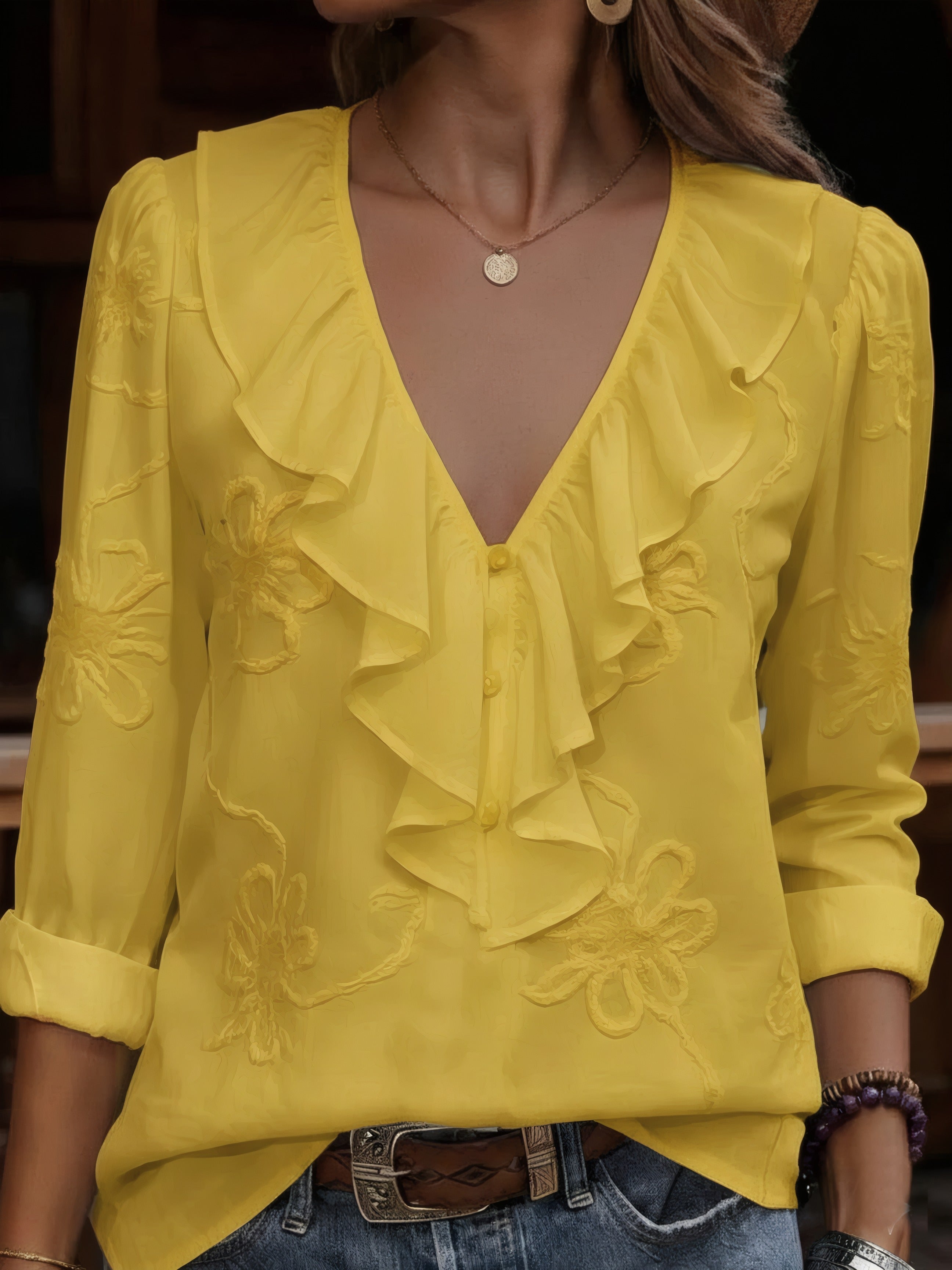 Cecile | Ruffled V-Neck Blouse with Floral Embroidery Yellow, photo studio