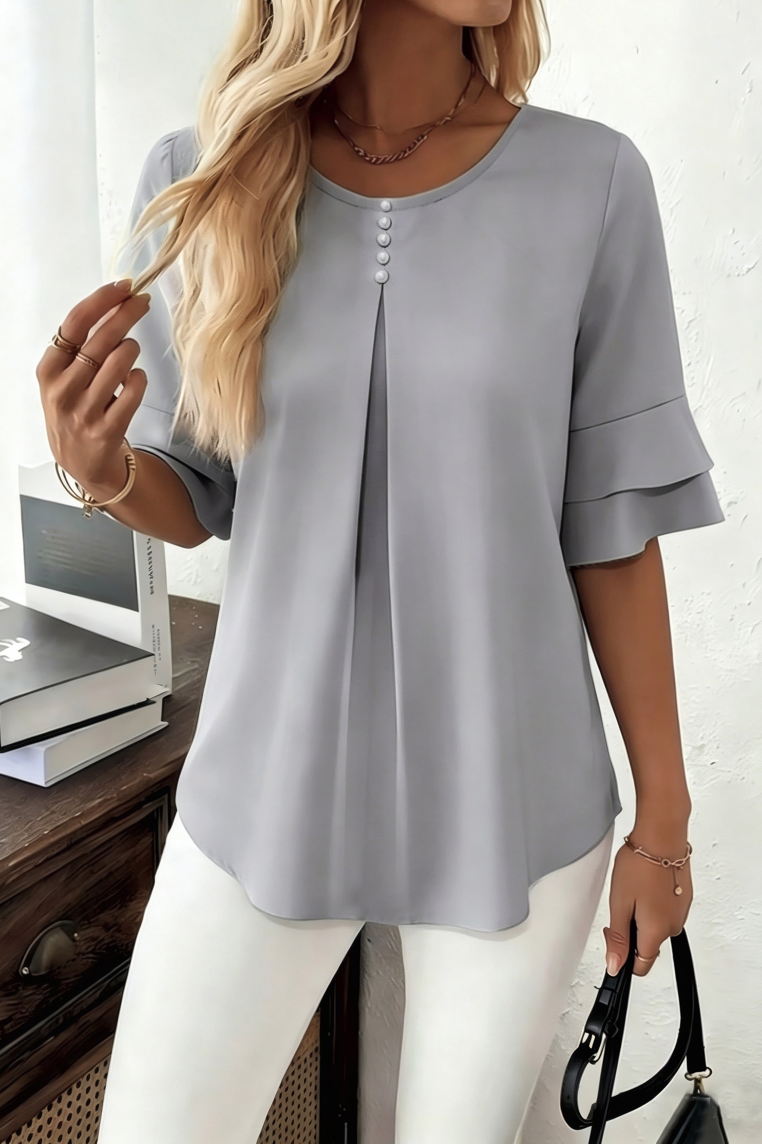 Daniela | Ruffled Blouse with Flared Sleeves Light Grey, photo studio