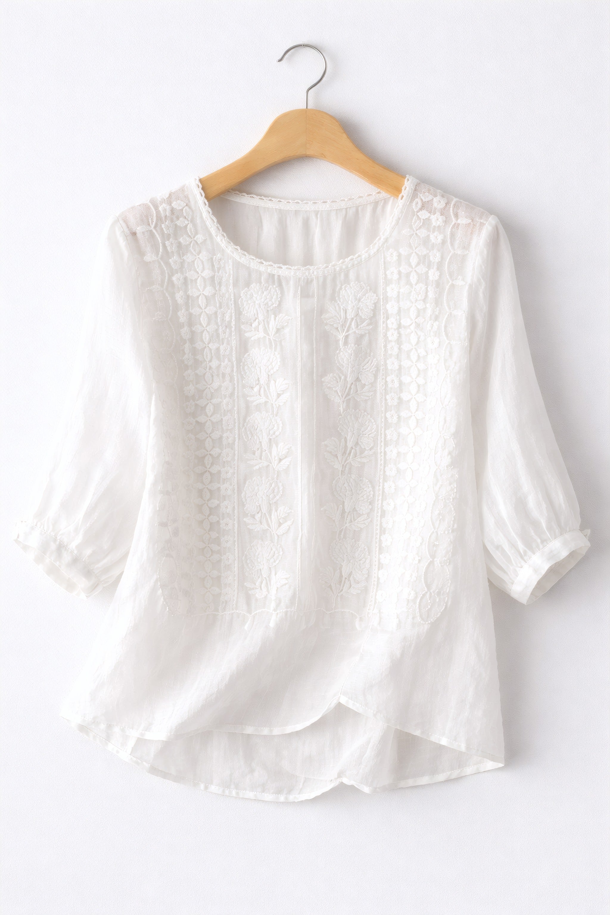 Dina | Round-Neck Blouse with Elastic Cuffs White, photo studio