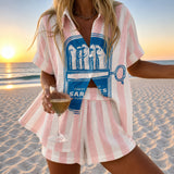 Cesarine | Striped Shirt and Shorts Set with a Sardine Tin Print
