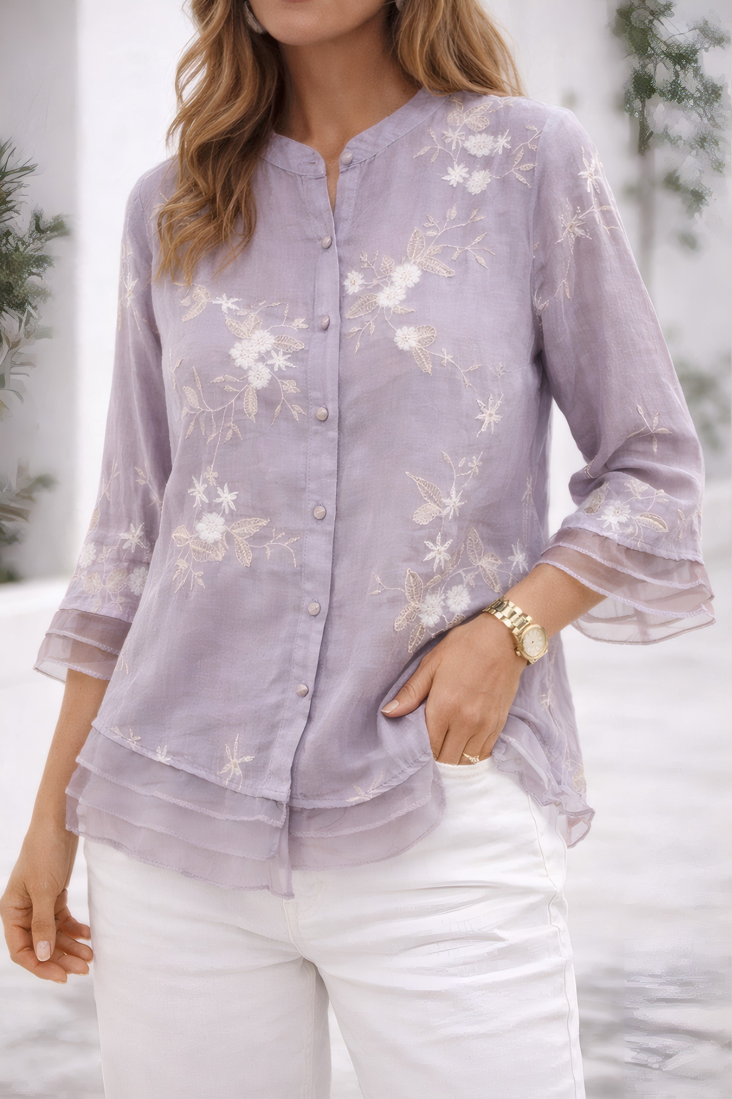 Allison | Floral Embroidered Blouse with Three-Quarter Sleeves Lilac, photo studio