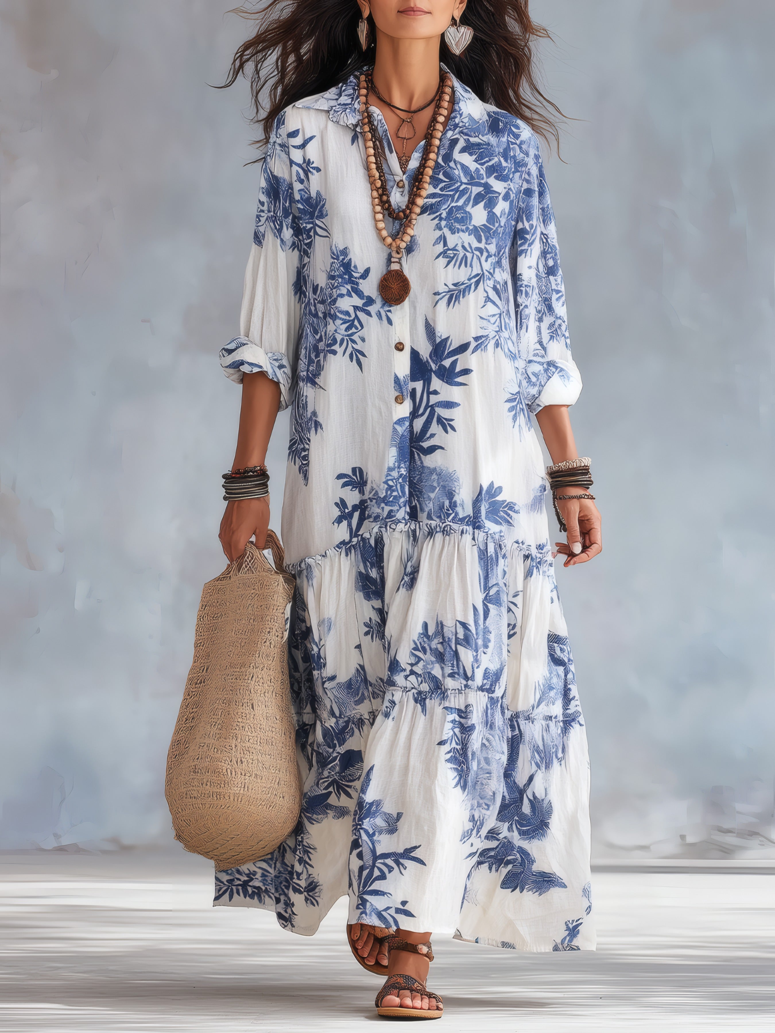Bohemian Blue Floral Button-down Maxi Dress White, photo studio