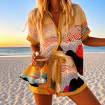 Angelique | Abstract Wave Print Shirt and Tie-Waist Shorts Set