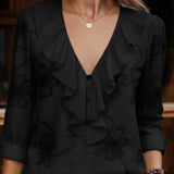 Cecile | Ruffled V-Neck Blouse with Floral Embroidery