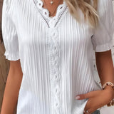 Cristina | White Blouse with Crochet V-Neck and Ruffled Cuffs