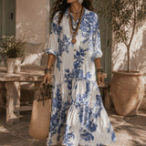 Bohemian Blue Floral Button-down Maxi Dress