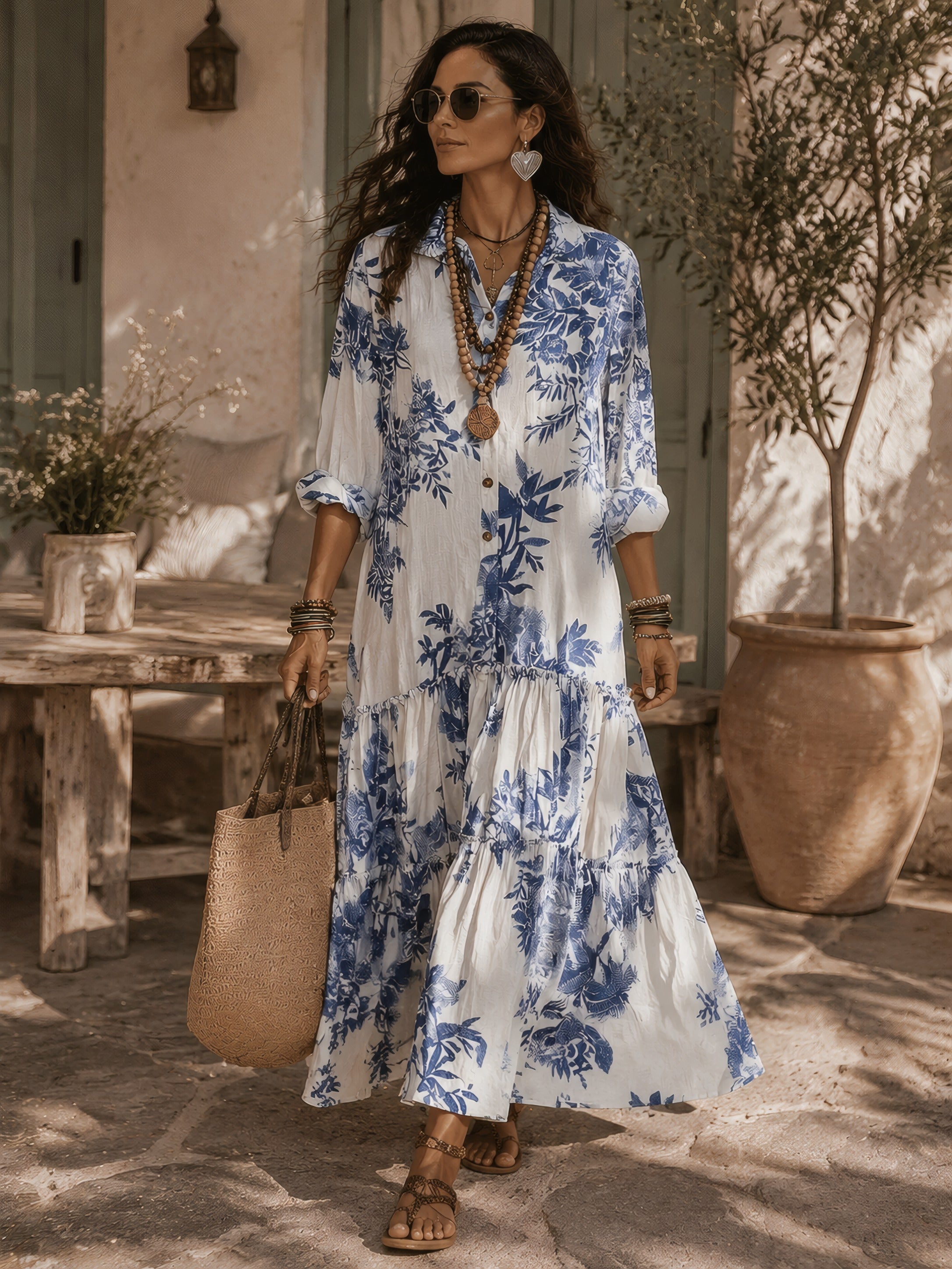 Bohemian Blue Floral Button-down Maxi Dress White, photo studio