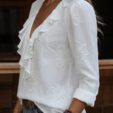 Cecile | Ruffled V-Neck Blouse with Floral Embroidery