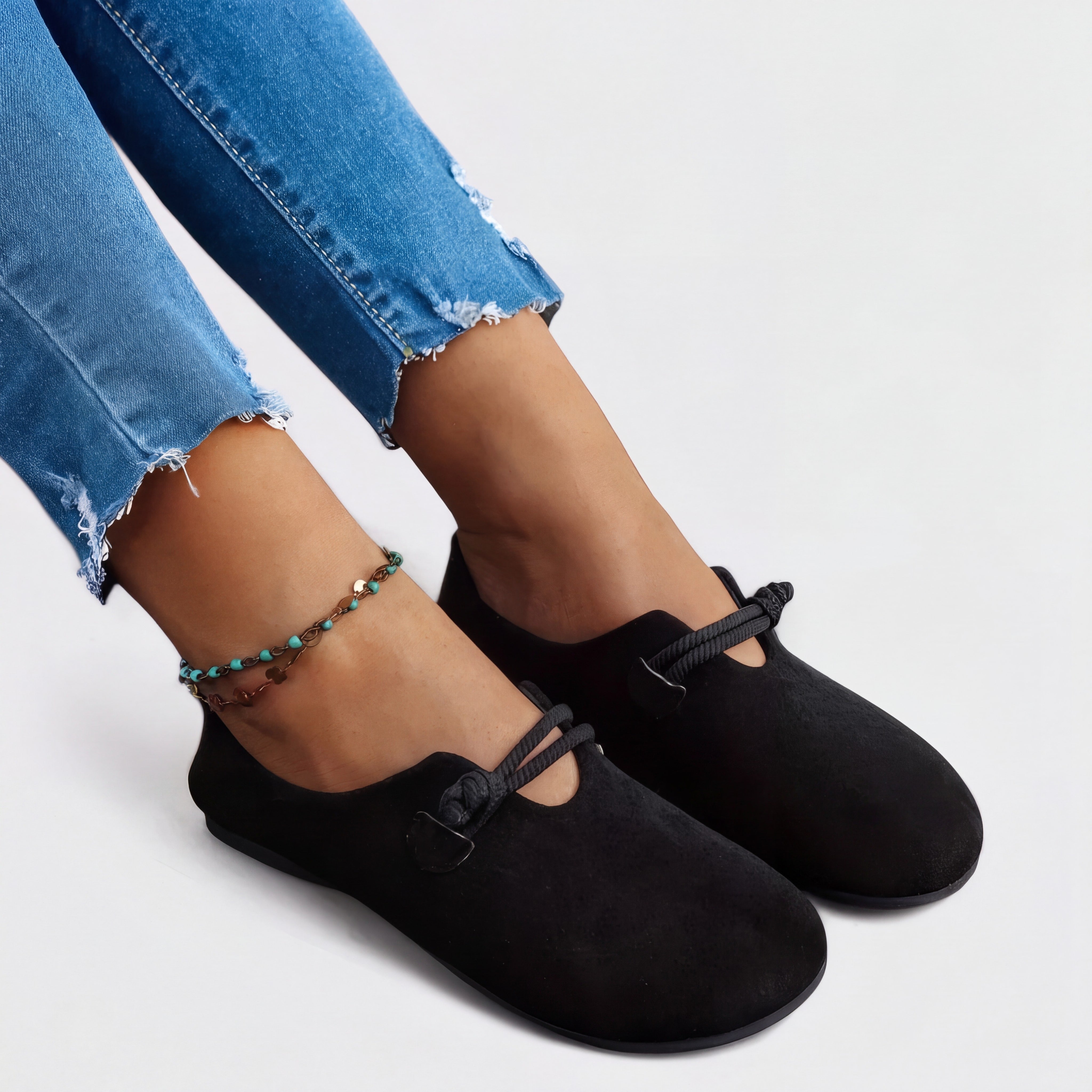 Nadine | Orthopaedic Flats with a Knotted Cord Detail Black, photo studio