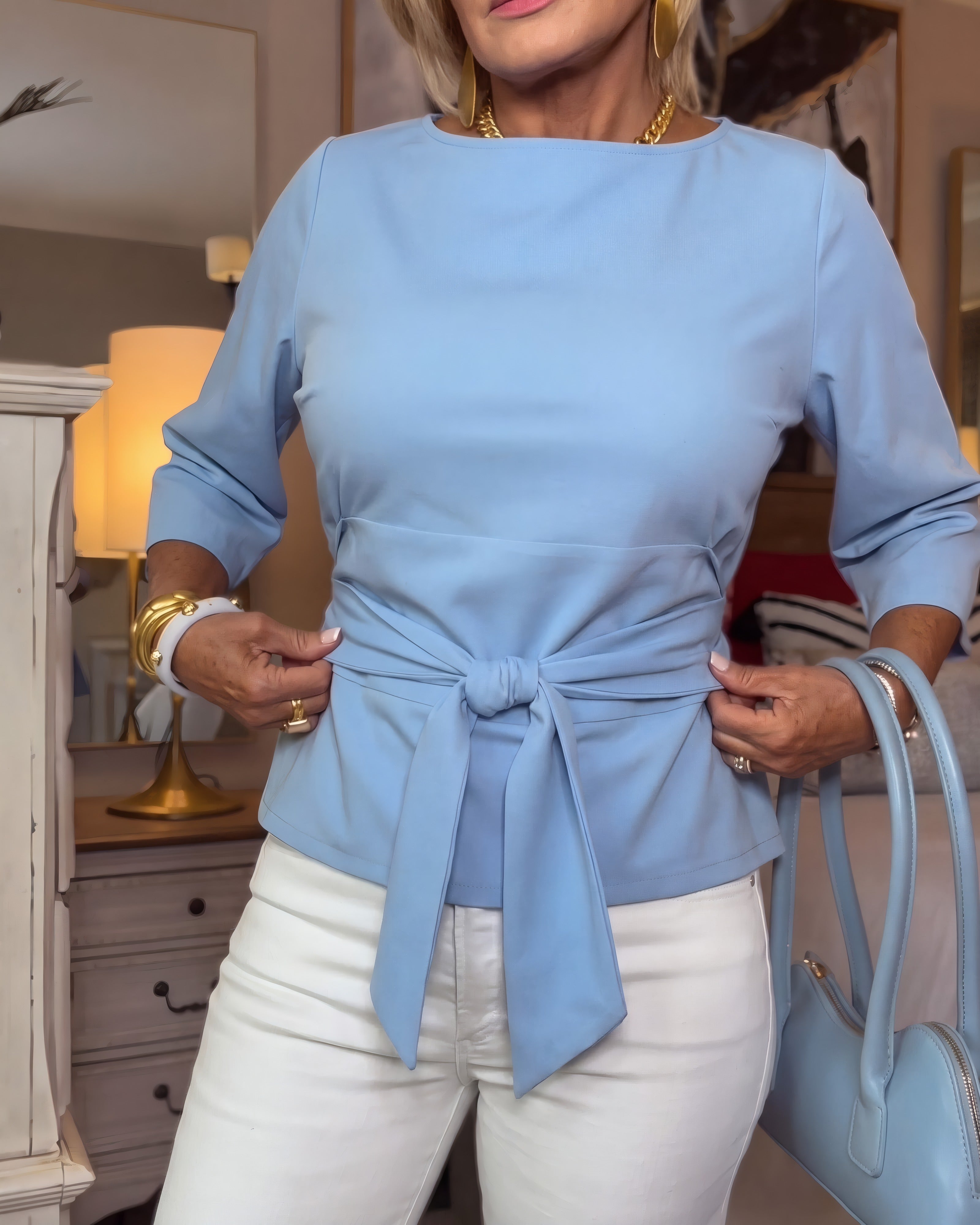 Bettina | Tie-Waist Blouse Light Blue, photo studio