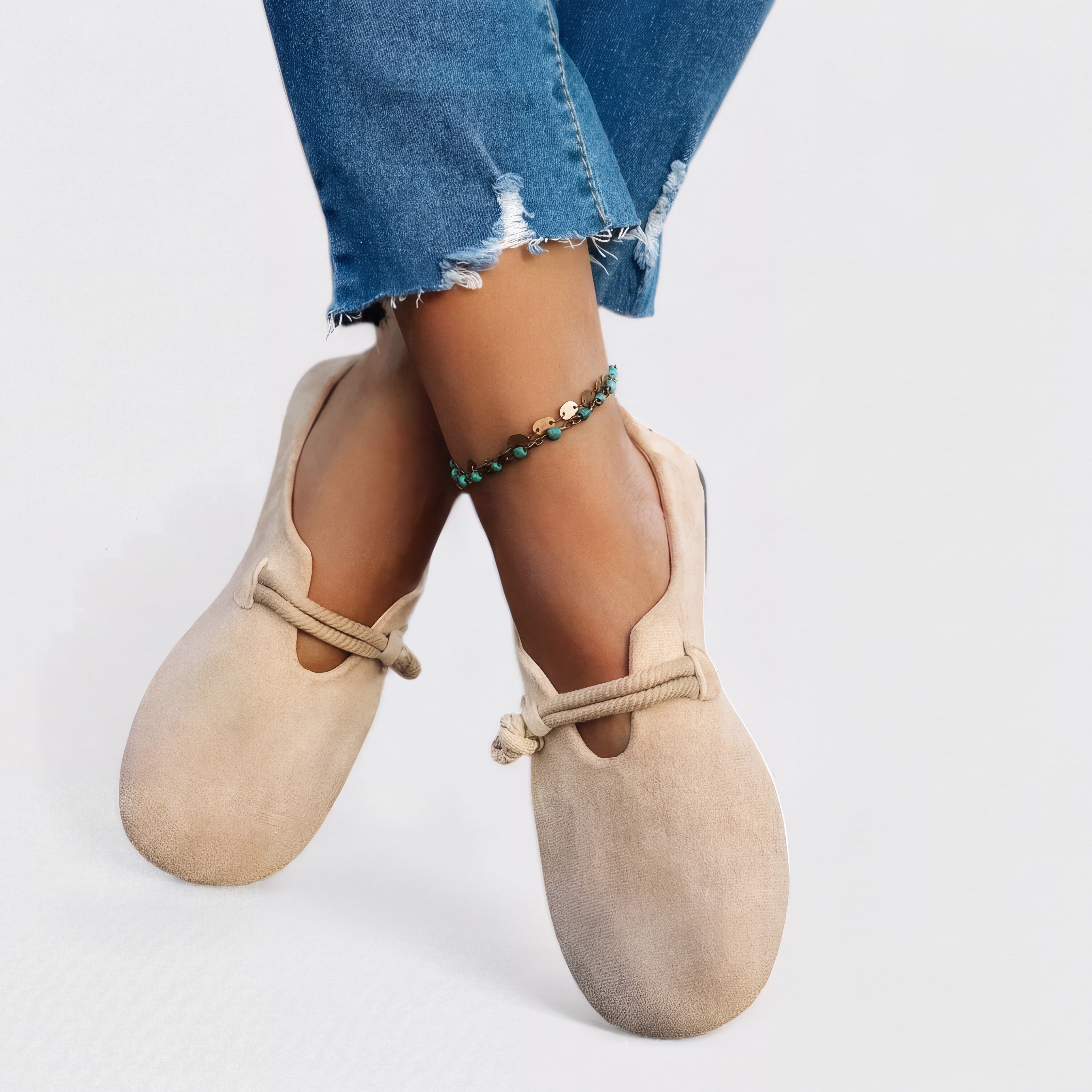 Nadine | Orthopaedic Flats with a Knotted Cord Detail Beige, photo studio