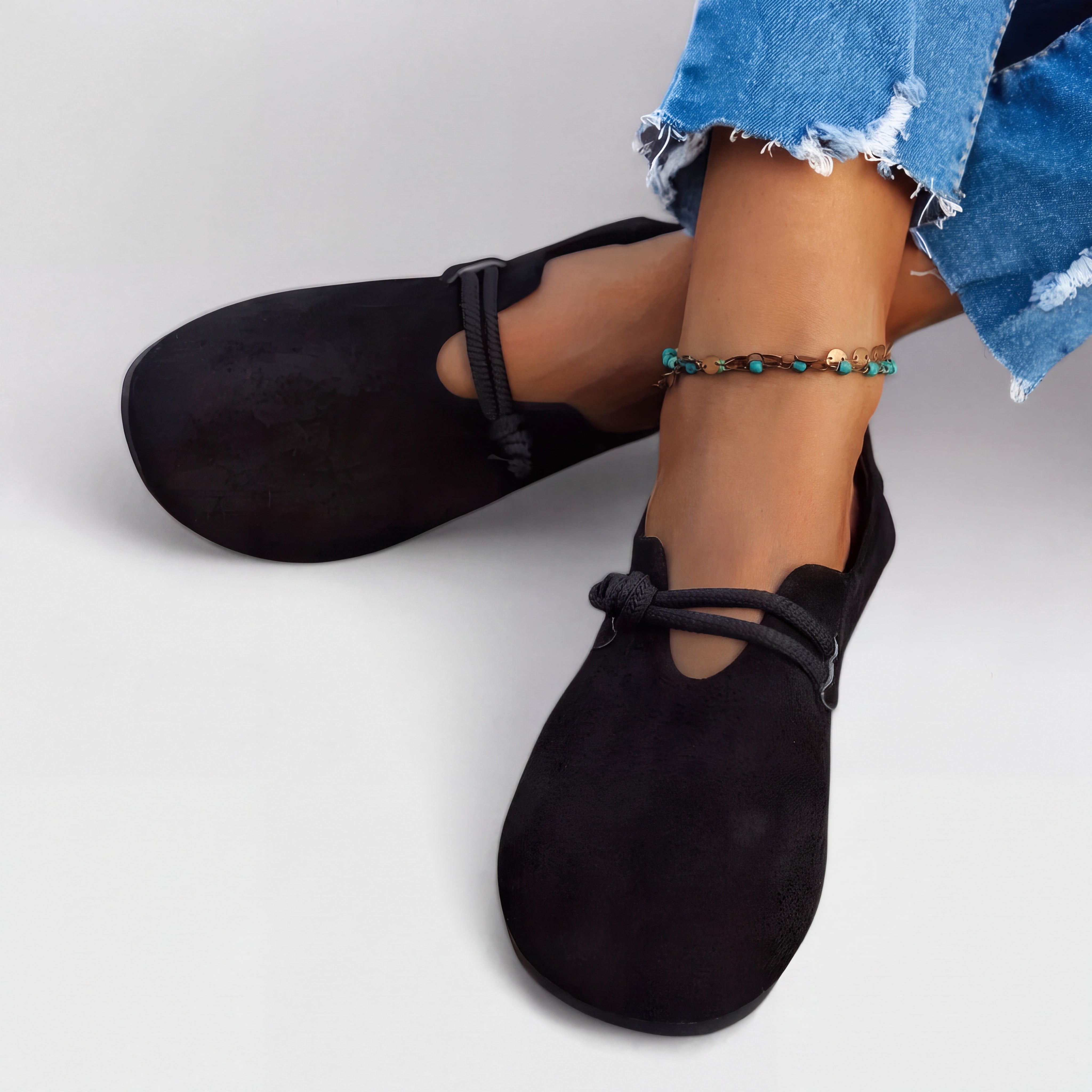 Nadine | Orthopaedic Flats with a Knotted Cord Detail Black, photo studio