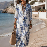 Bohemian Blue Floral Button-down Maxi Dress