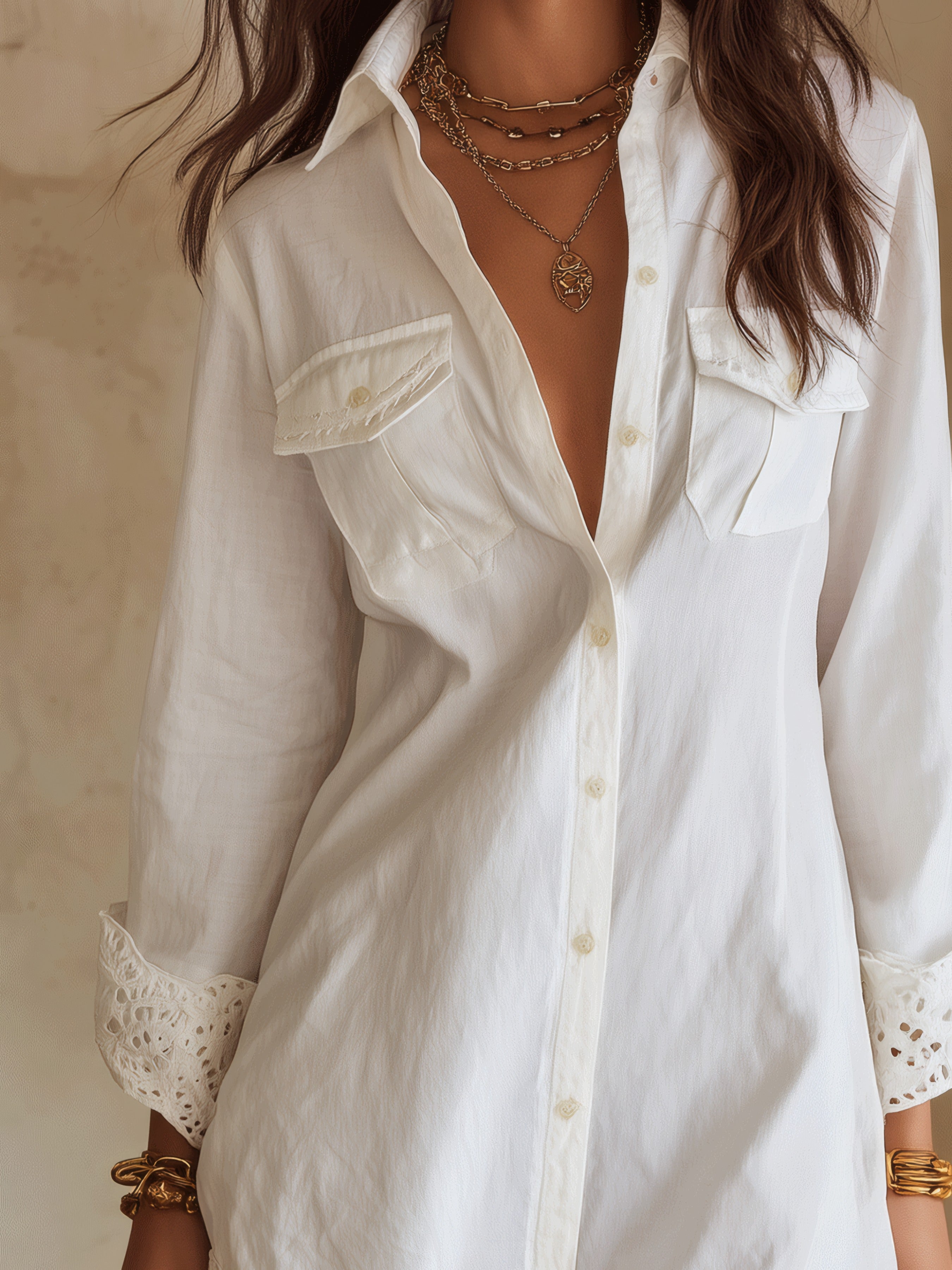 Bohemian Eyelet Hem Resort White Shirt Mini Dress White, photo studio