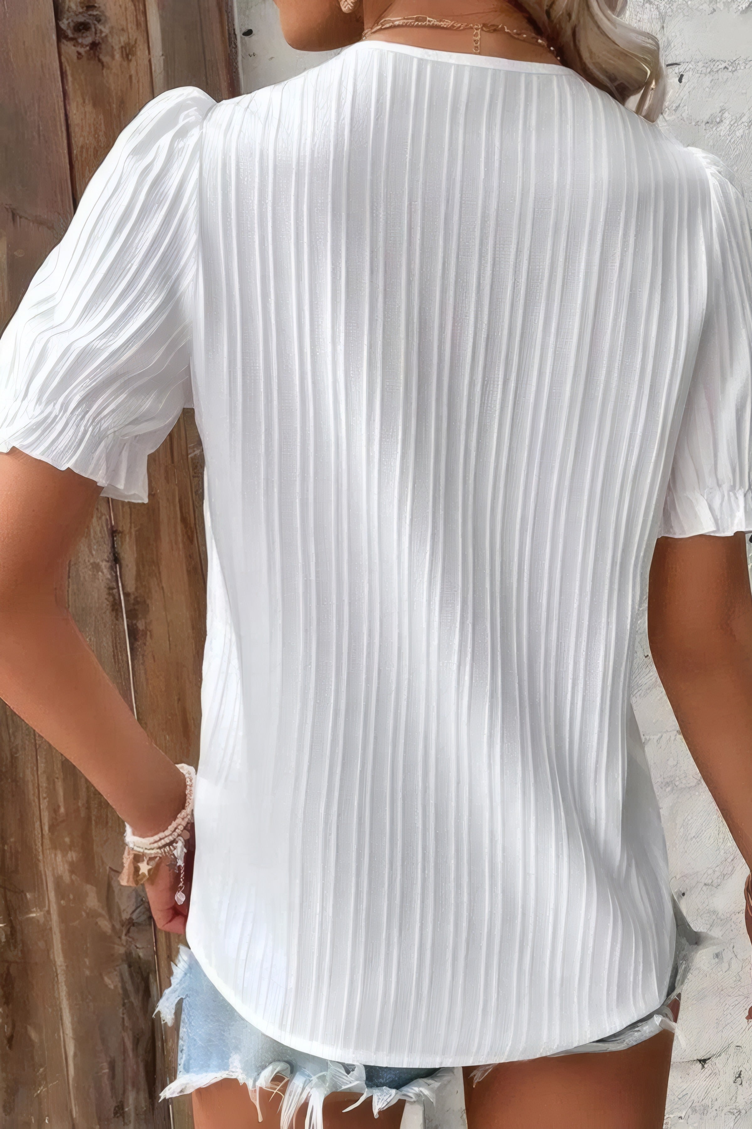 Cristina | White Blouse with Crochet V-Neck and Ruffled Cuffs White, photo studio