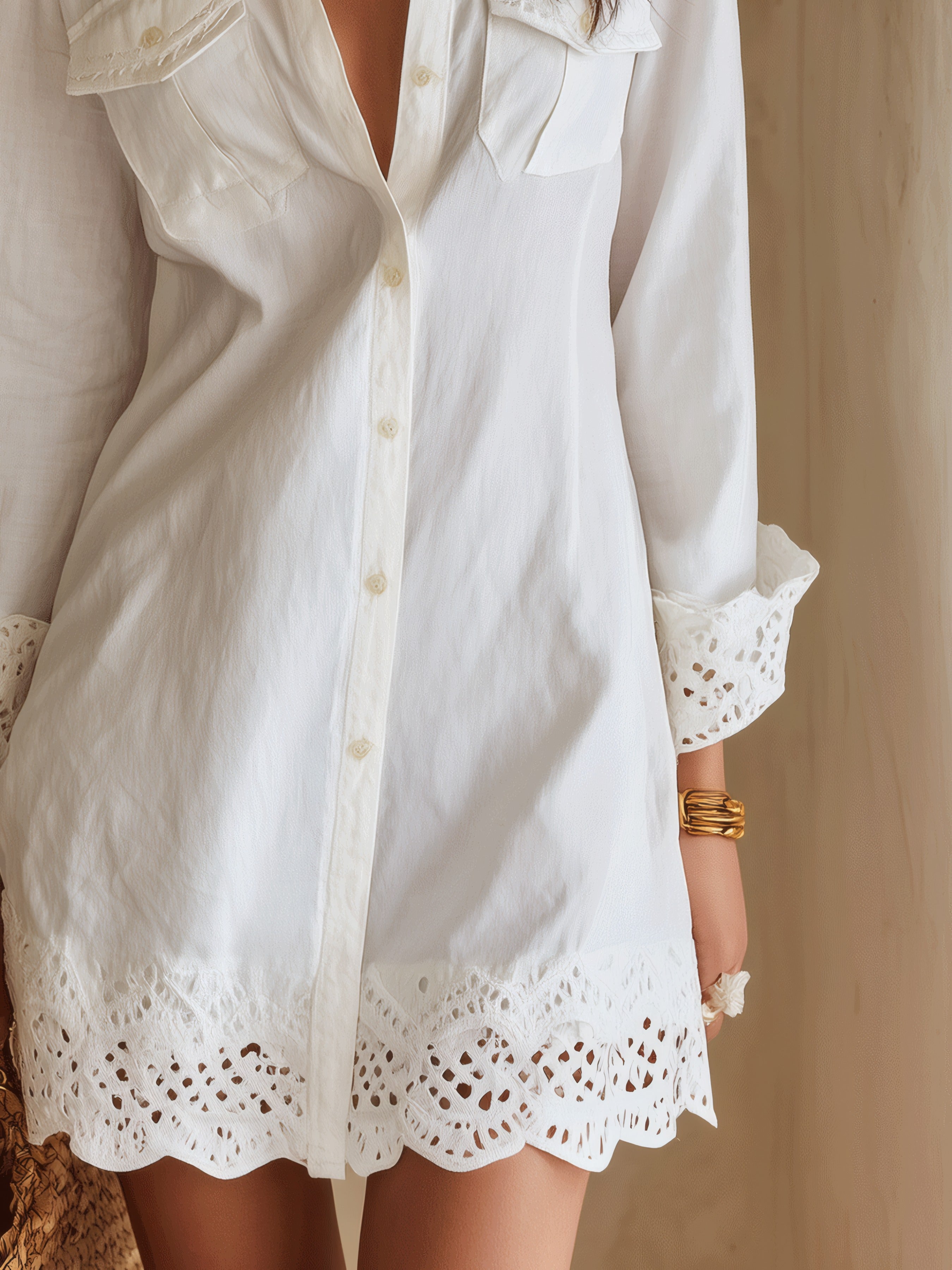 Bohemian Eyelet Hem Resort White Shirt Mini Dress White, photo studio