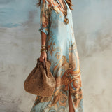 Baroque Style Floral Blue Chiffon Maxi Dress