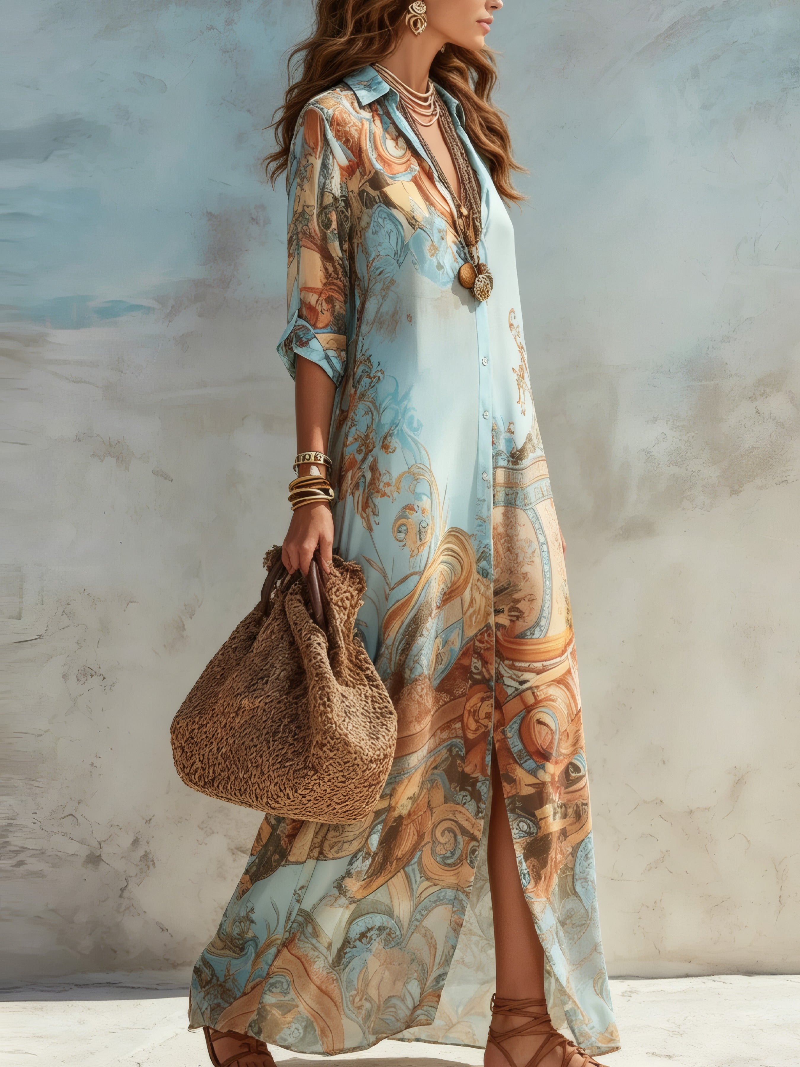Baroque Style Floral Blue Chiffon Maxi Dress Blue, photo studio