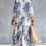 Bohemian Blue Floral Button-down Maxi Dress