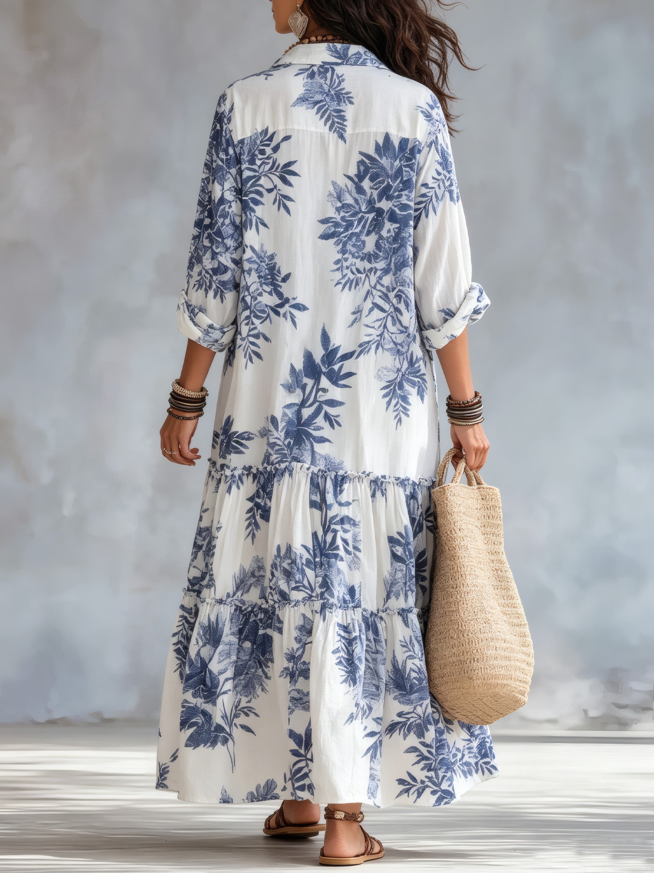 Bohemian Blue Floral Button-down Maxi Dress White, photo studio
