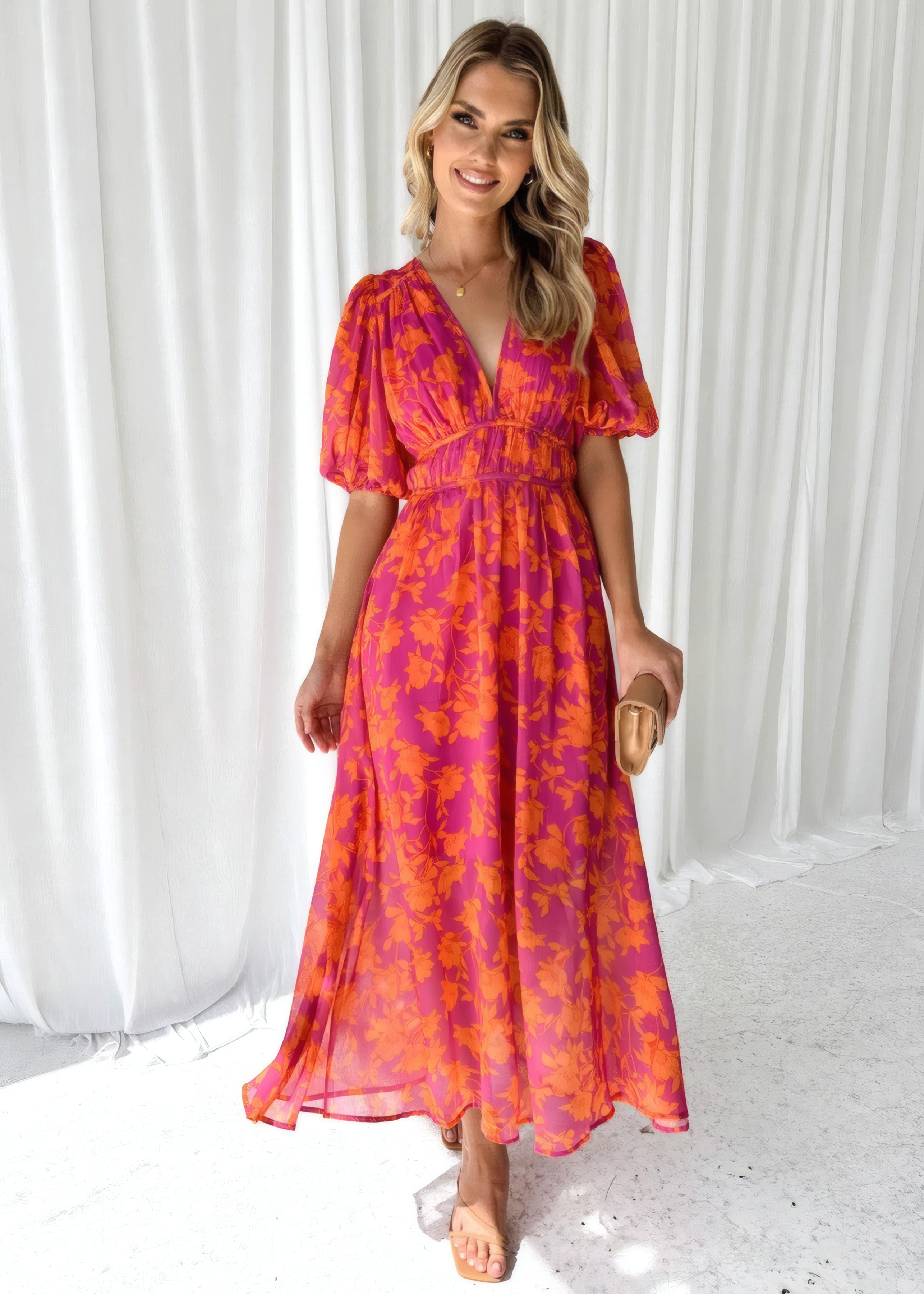 Eleanora | Casual Floral Dress Pink Orange, photo studio