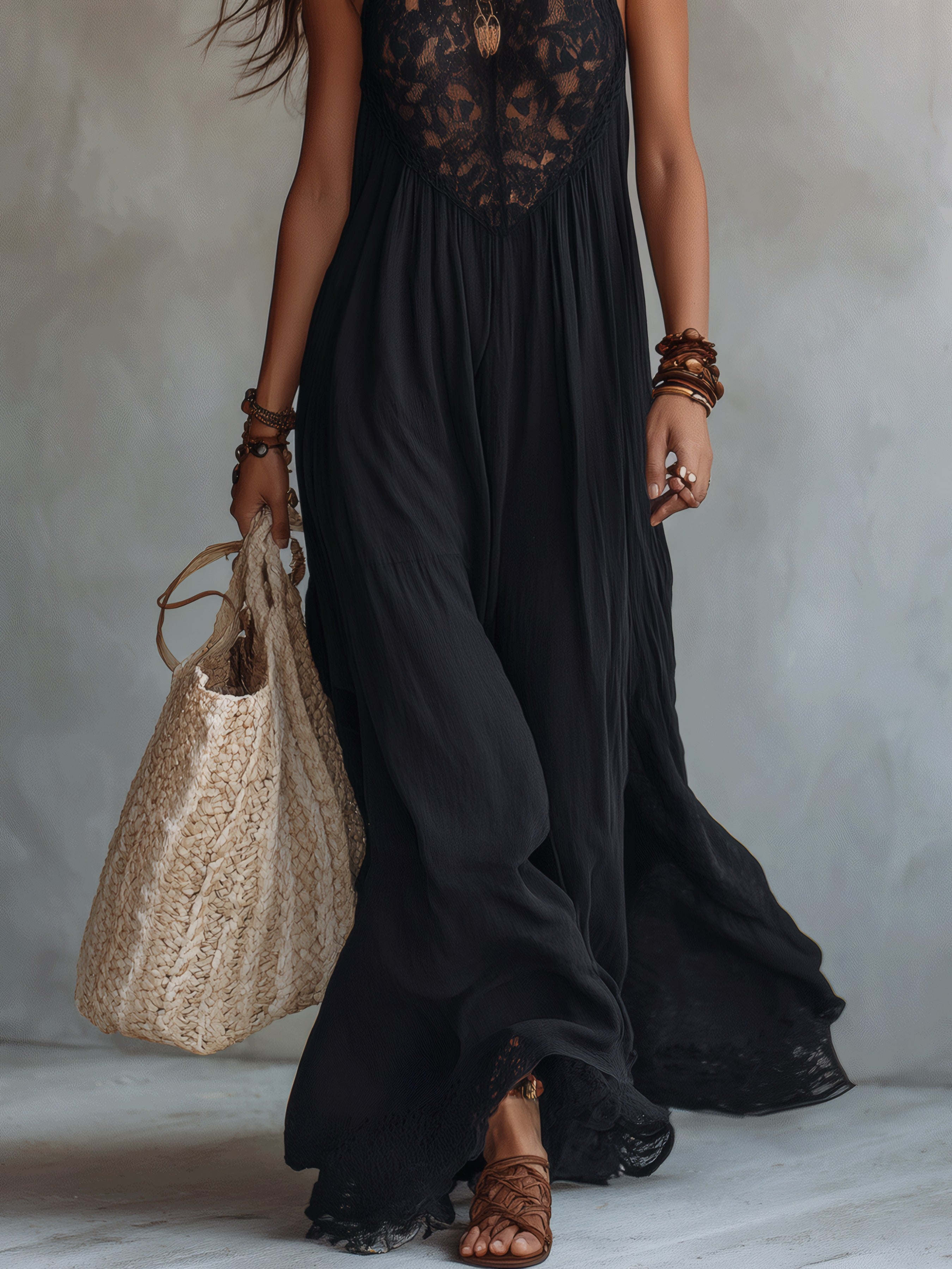 Elegant Bohemian Sleeveless Soft Drape Statement Evening Maxi Dress Black, photo studio