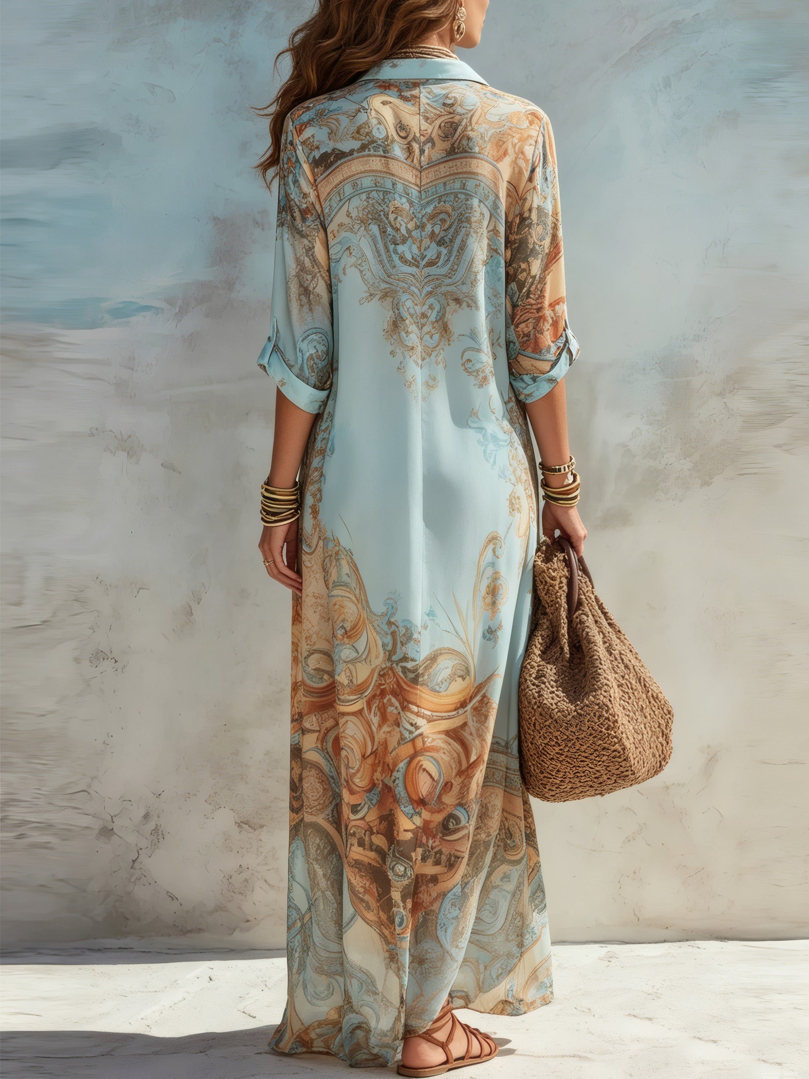 Baroque Style Floral Blue Chiffon Maxi Dress Blue, photo studio