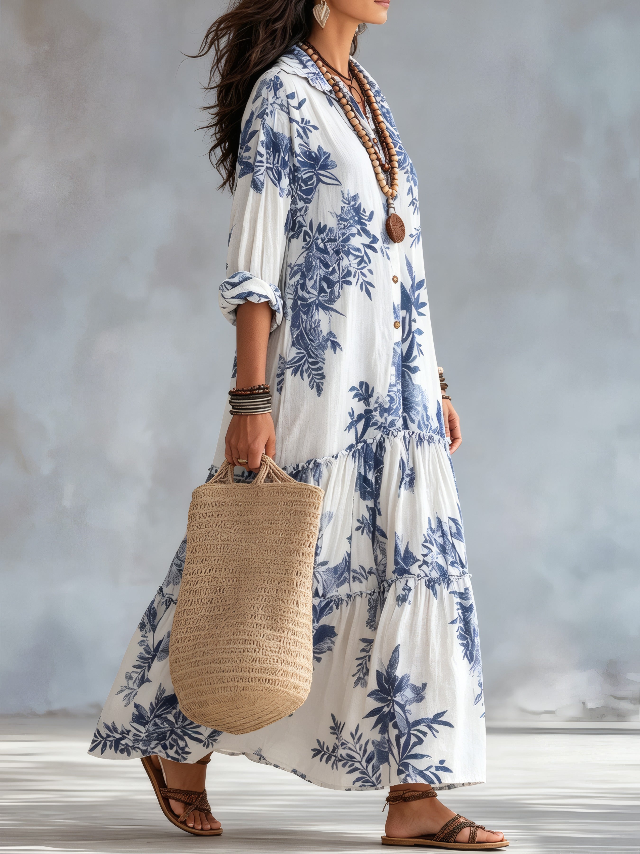 Bohemian Blue Floral Button-down Maxi Dress White, photo studio