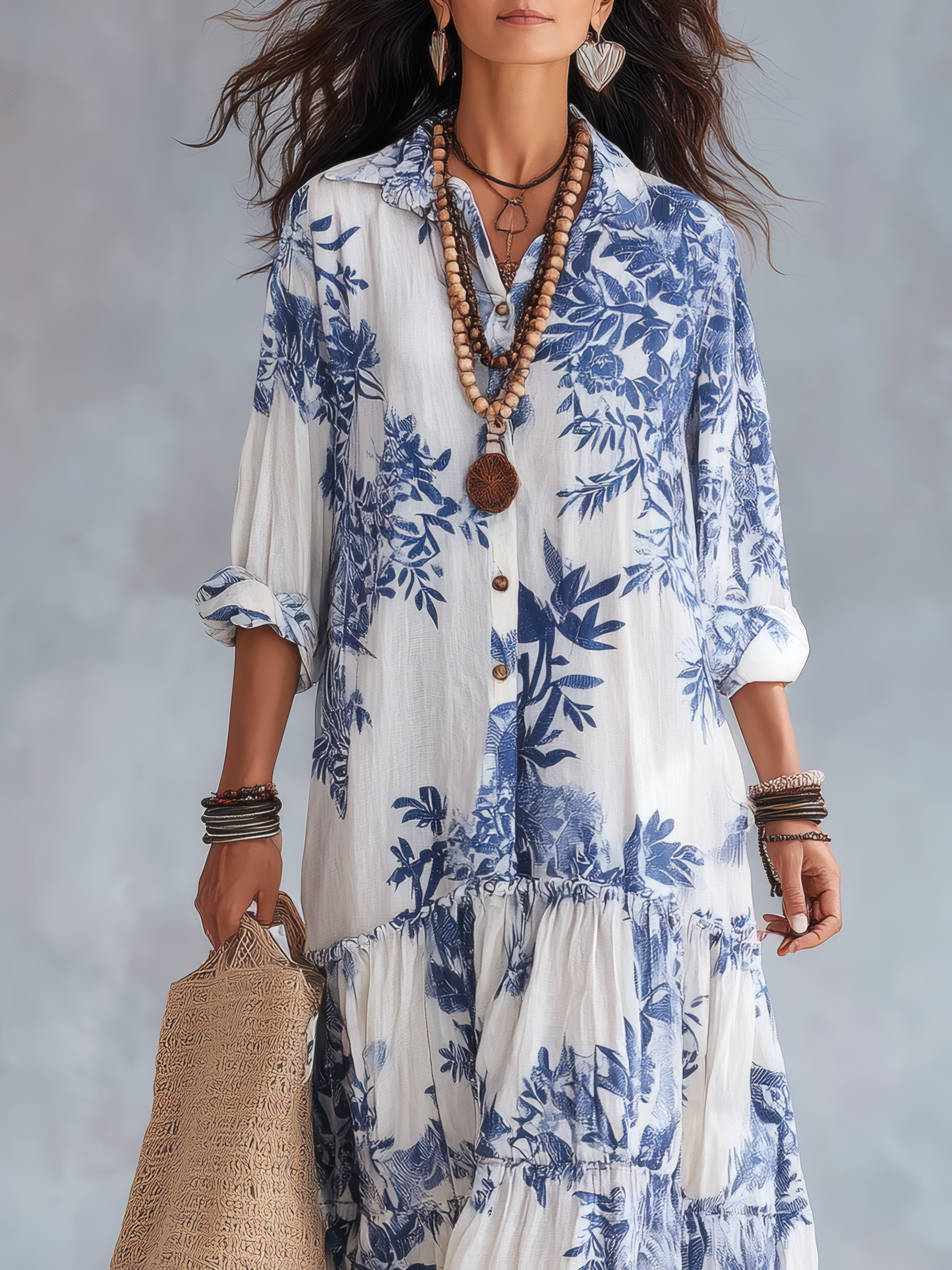 Bohemian Blue Floral Button-down Maxi Dress White, photo studio