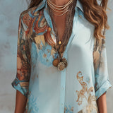 Baroque Style Floral Blue Chiffon Maxi Dress