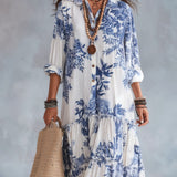 Bohemian Blue Floral Button-down Maxi Dress
