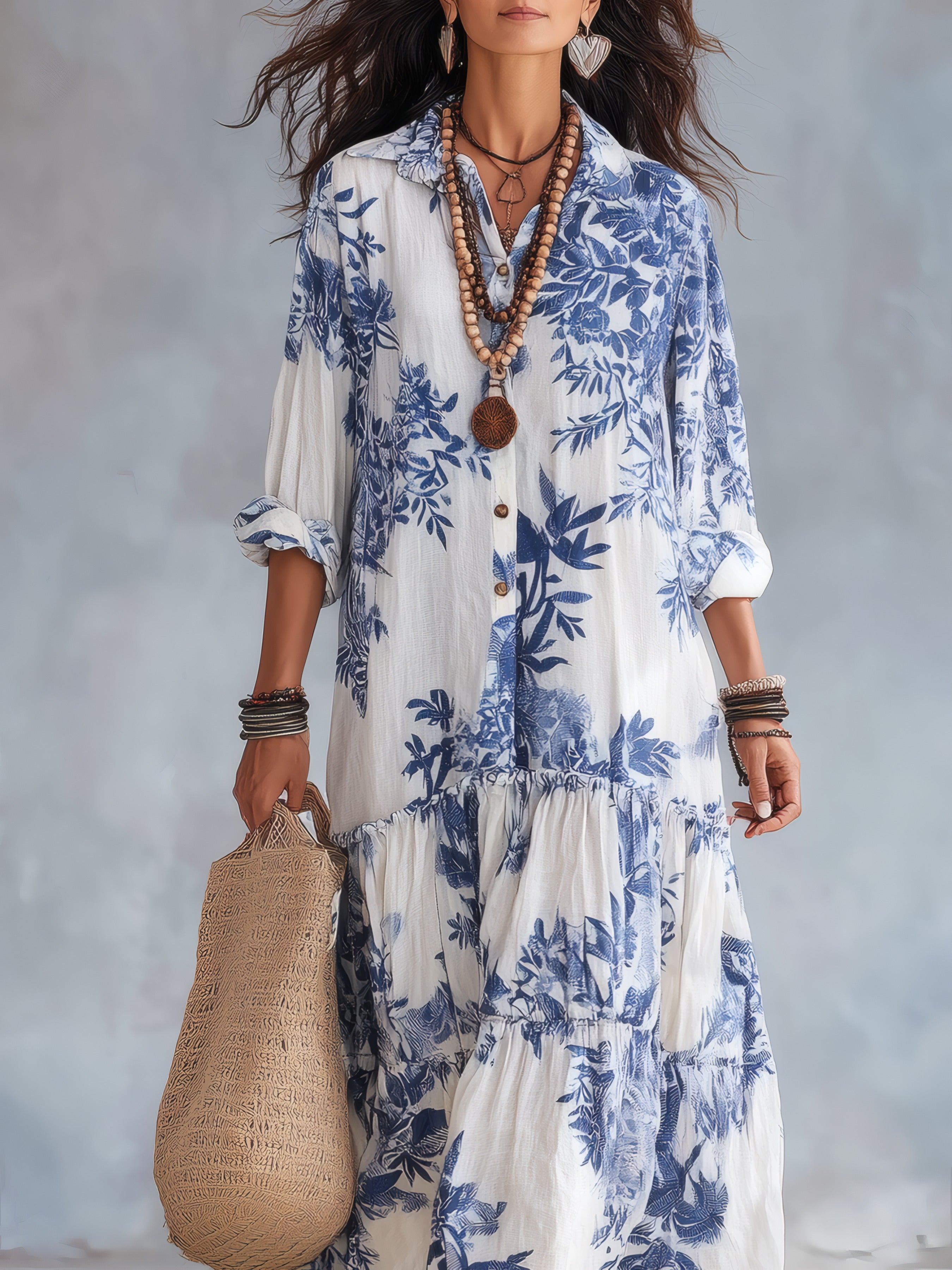 Bohemian Blue Floral Button-down Maxi Dress White, photo studio