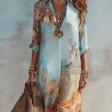 Baroque Style Floral Blue Chiffon Maxi Dress