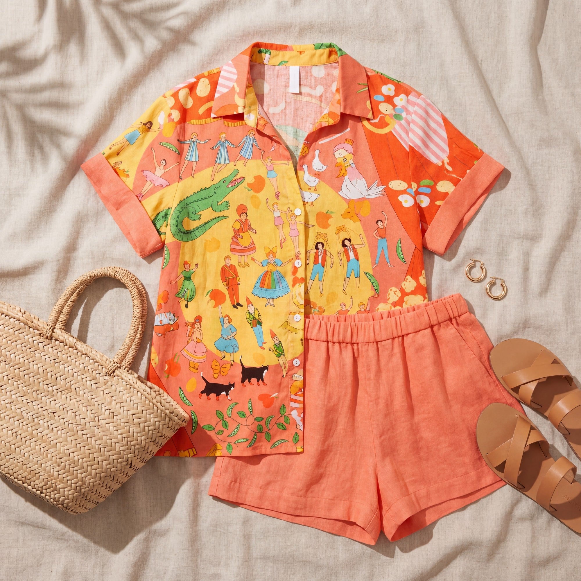 Clio | Storybook Print Shirt and Solid Shorts Set, flat lay