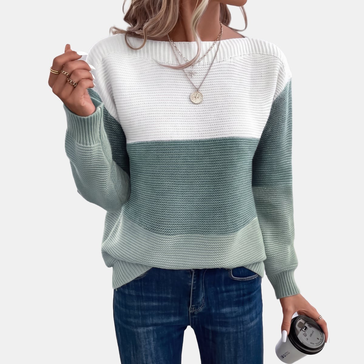 Cream and Taupe Colourblock Jumper Green, studio photo